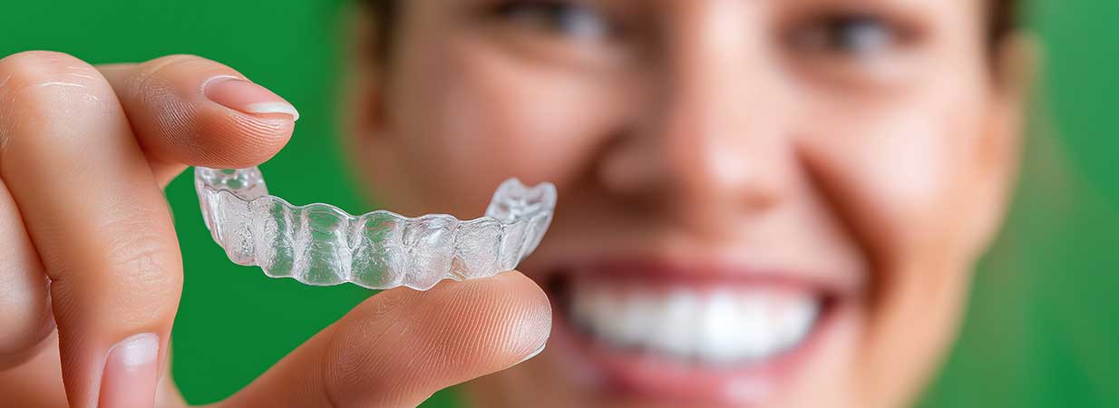 Une femme montre son appareil dentaire invisible